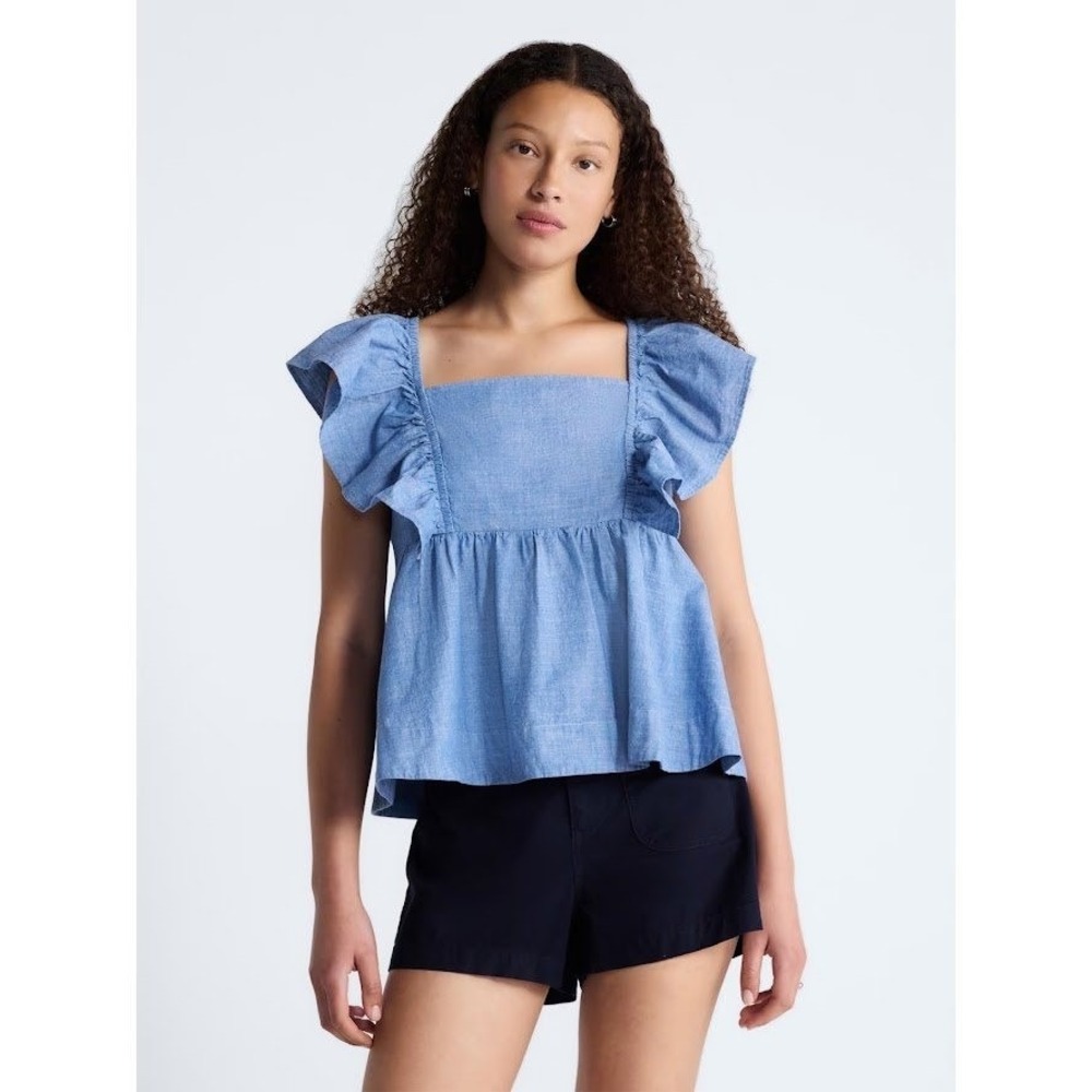 Free Assembly Womens Blue Square Neck Cotton Flutter Sleeve Smocked Top Medium
